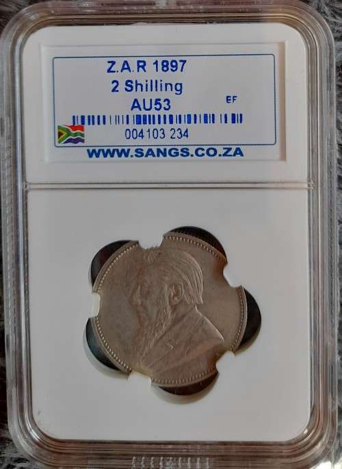 ZAR SILVER 1897 2 SHILLINGS SANGS GRADED AU 53
