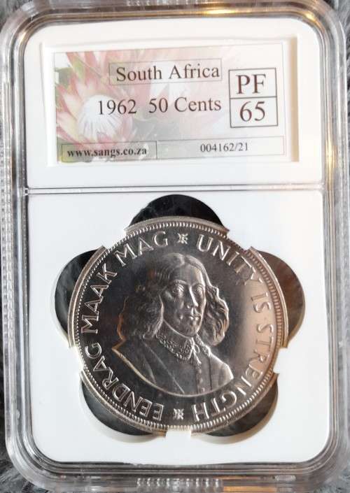 SA 1962 SILVER 50C CROWN SIZE SANGS GRADED PROOF 65