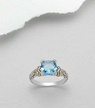 LOVELY TWO TONE SOLID SILVER BLUE TOPAZ RING - SIZE 7(O)