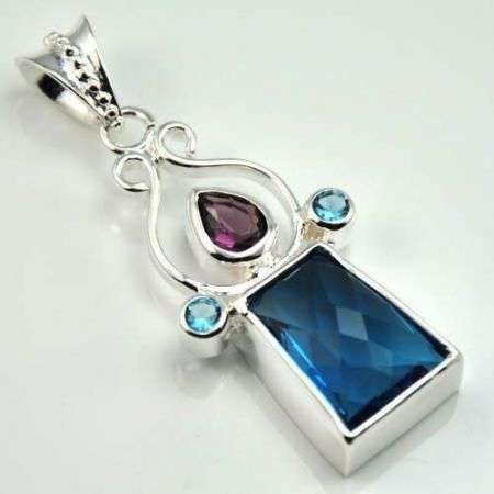 FASHION BLUE TOPAZ AND AMETHYST GEMSTONE PENDANT 2.2" - 925 SILVER