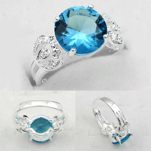 BEAUTIFUL FASHION BLUE TOPAZ GEMSTONE RING #8-925 SILVER