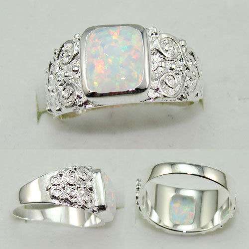 BEAUTIFUL FASHION WHITE FIRE OPAL GEMSTONE RING #7-925 SILVER