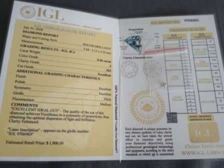 NATURAL DIAMOND IGL CERTIFIED 0.56ct COLOUR "I" SI3