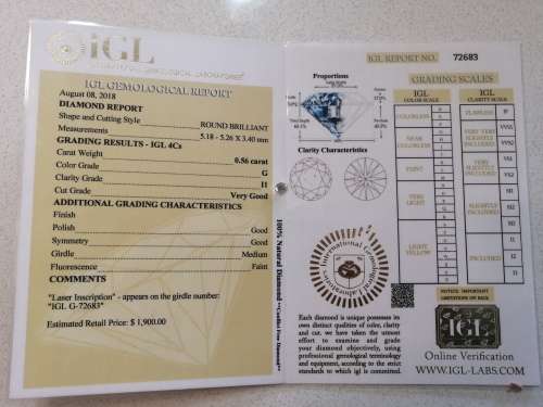 NATURAL DIAMOND IGL CERTIFIED 0.56ct COLOUR "G" I1