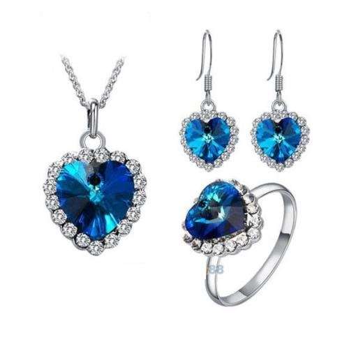 Blue Crystal Necklace, Earrings & Ring Jewellery Set