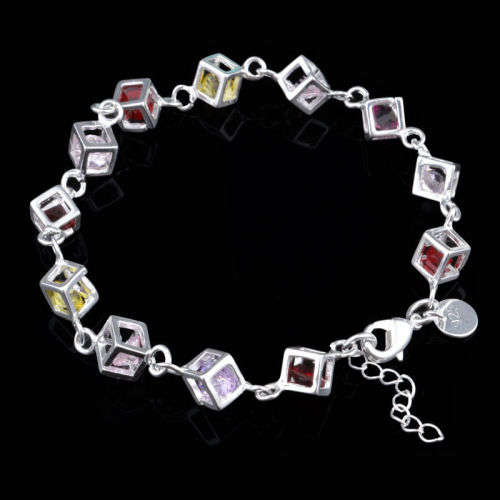 Beautiful 925 Sterling Silver Plated Colored Crystal Cubes Bracelet