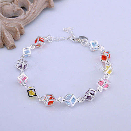 Beautiful 925 Sterling Silver Plated Colored Crystal Cubes Bracelet