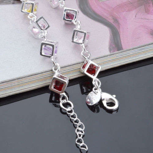 Beautiful 925 Sterling Silver Plated Colored Crystal Cubes Bracelet