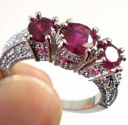 925 Sterling Silver Plated Red Ruby Crystal Ring - Size 8