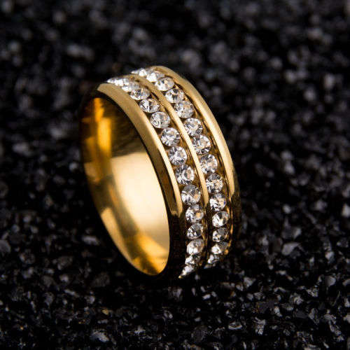 Beautiful Stainless Steel Double Row Crystal Ring - Size 8