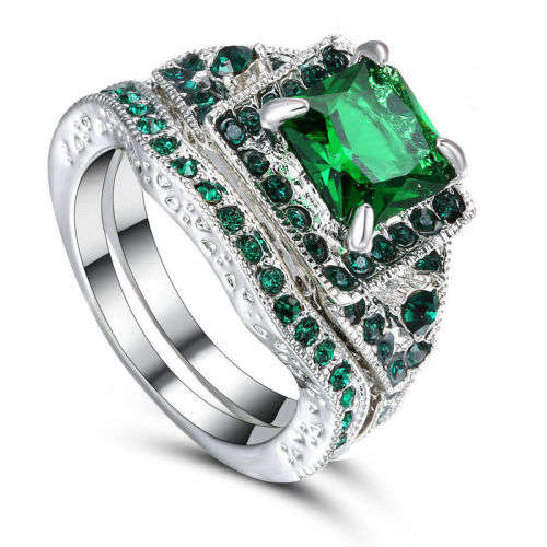 2 Pcs Beautiful Green Crystal Ring Set - Size 6