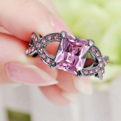 Beautiful Black Gold Filled Pink Crystal Ring - Size 8 1/4