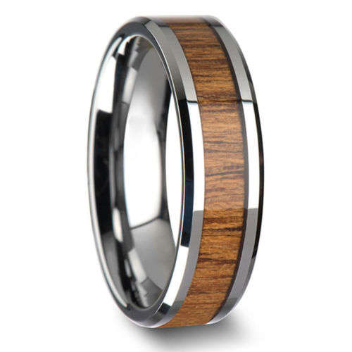 Men Stainless Steel Wood Silver Inlaid Band Ring Size 6