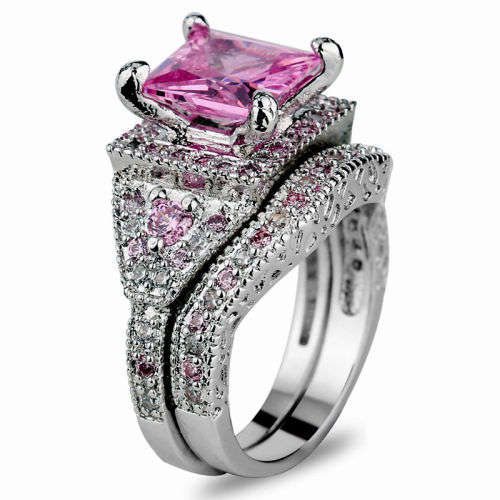Beautiful 2 Piece / Set Pink Topaz Engagement Ring Set (925 Sterling Silver) - Size 7
