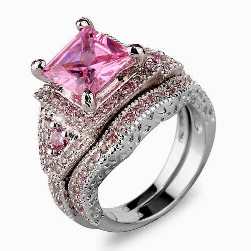 Beautiful 2 Piece / Set Pink Topaz Engagement Ring Set (925 Sterling Silver) - Size 7