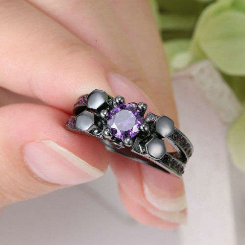 Exquisite Black Gold Filled Purple Crystal Ring - Size 7
