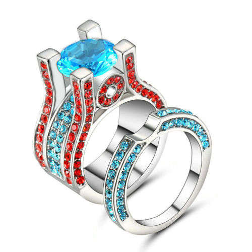 2 PCS Auqa Colored Crystal Ring Set - Size 5 1/2