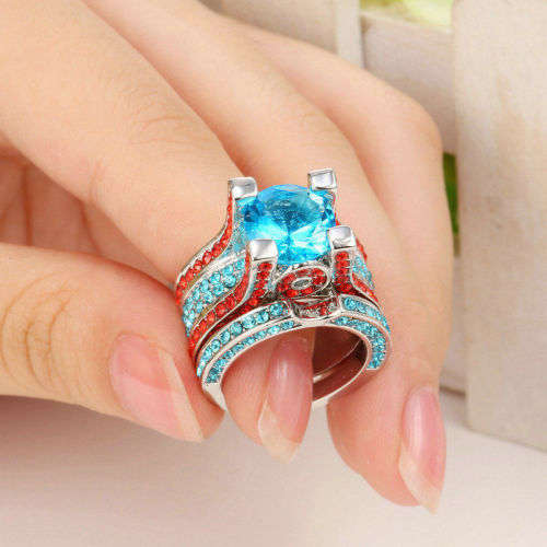 2 PCS Auqa Colored Crystal Ring Set - Size 5 1/2