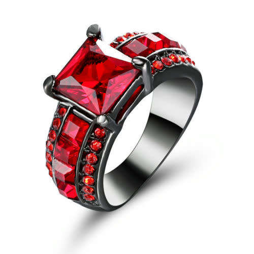 Beautiful Black Gold Filled Ruby Red Crystal Ring - Size 7