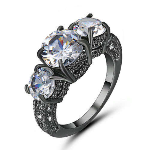 Beautiful  Black Gold Filled White Crystal Ring - Size 7