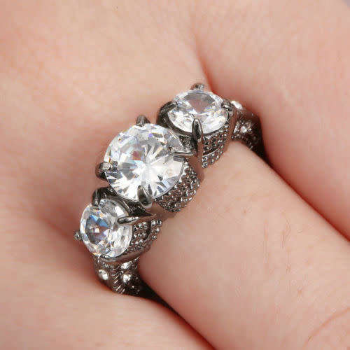 Beautiful  Black Gold Filled White Crystal Ring - Size 7