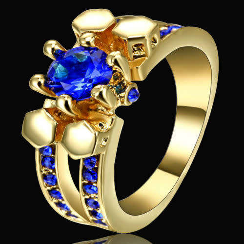 Elegant Gold Plated Blue Crystal Ring - Size 8