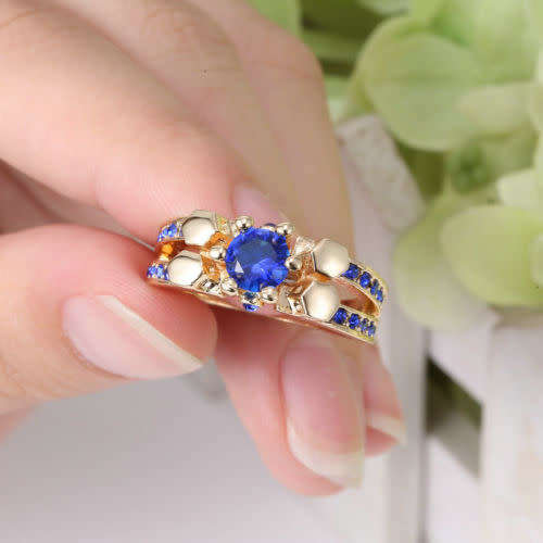 Elegant Gold Plated Blue Crystal Ring - Size 8