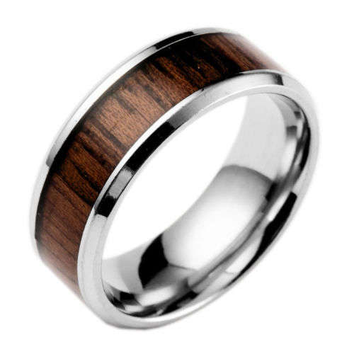 Wood Inlay Stainless Steel Men's Ring - Size 12