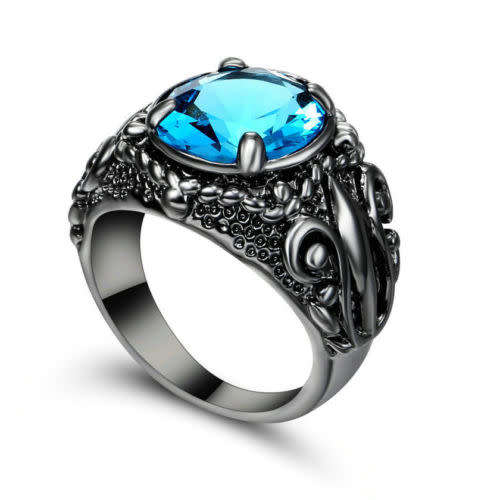 Beautiful Black Gold Filled Ocean Blue Crystal Ring - Size 6