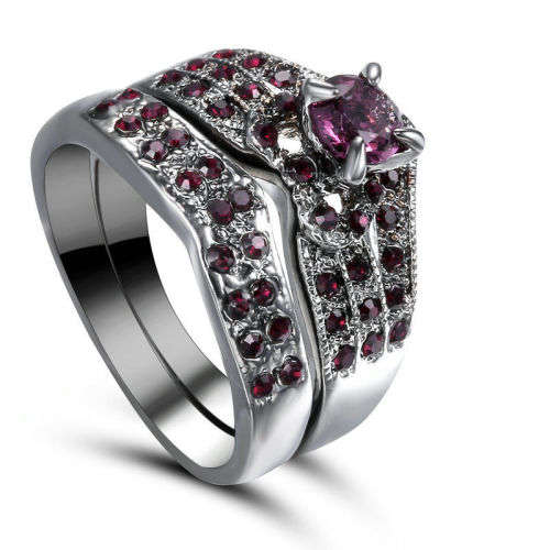 2 Piece Black Gold Filled Purple Crystal Ring - Size 7