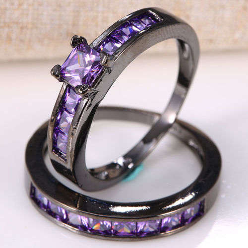 2 Piece Black Gold Filled Purple Crystal Ring - Size 11 1/2