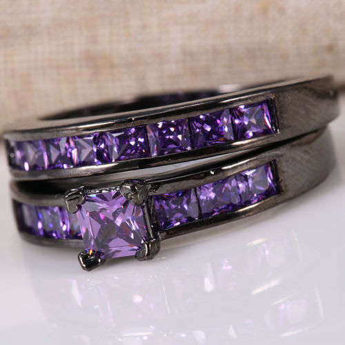 2 Piece Black Gold Filled Purple Crystal Ring - Size 11 1/2