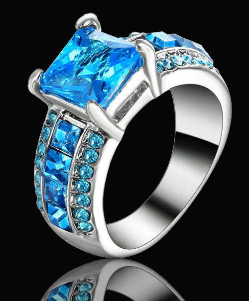 White Gold Filled Blue Crystal Ring - Size 8 1/2