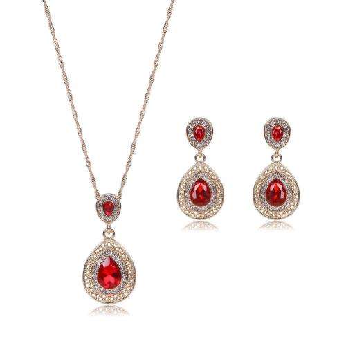 Exquisite Rhinestone Crystal Necklace & Earring Jewellery Set - Red