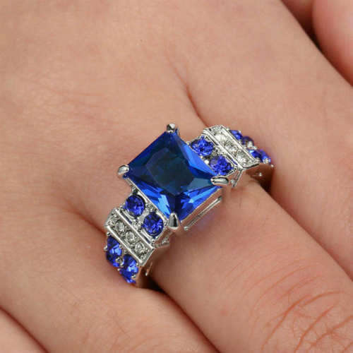 Elegant White Gold Filled Blue Crystal Ring - Size 6