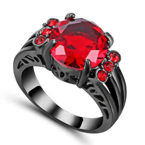 Elegant Black Gold Filled Ruby Red Crystal Ring - Size 6 1/2