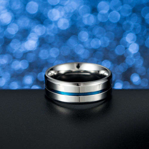 STUNNING BLUE BAND STAINLESS STEEL RING - Size 14