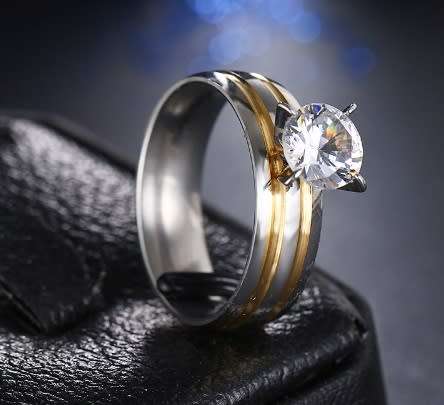 Elegant Stainless Steel Crystal Ring - Size 7 1/2