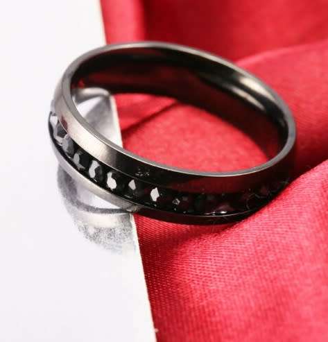 Black Stainless Steel Crystal Ring - Size 10 1/2