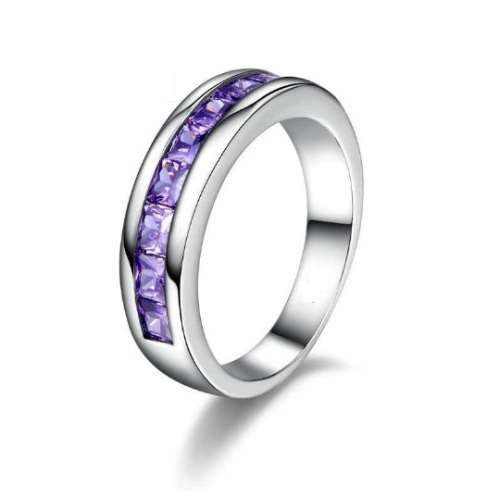 Stunning Purple Crystal White Gold Plated Ring - Size 9