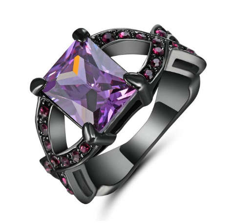 Beautiful Black Gold Filled Purple Crystal Ring - Size 6