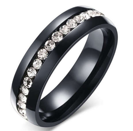Stunning Black Stainless Steel Crystal Ring - Size 8