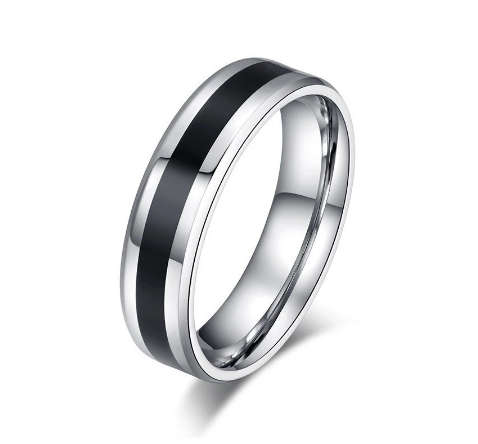 Black Stripe Stainless Steel Ring - Size 8
