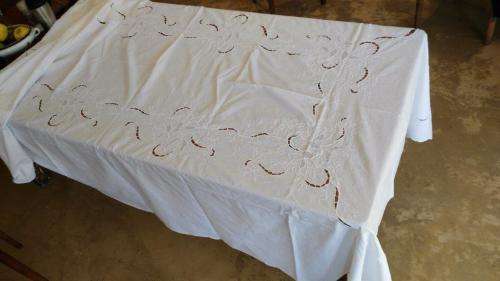 Large white embroidered tablecloth