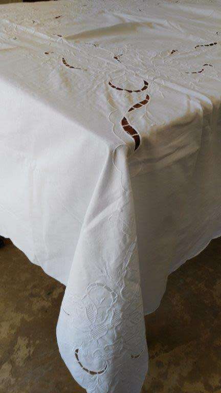 Large white embroidered tablecloth