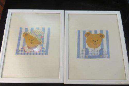 Two teddy bear cross stitch works