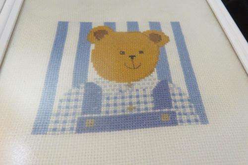 Two teddy bear cross stitch works