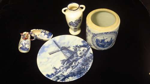Delft items - vase, shoes, plate, pot