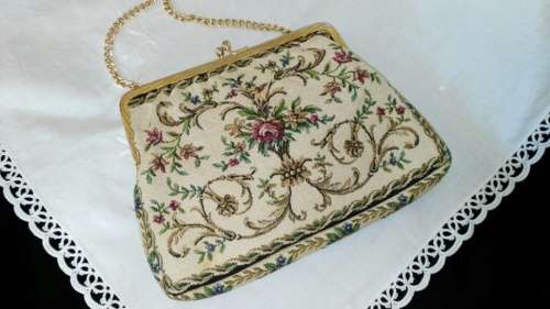 Evening bag - clutch - tapestry like fabric with gold chain
