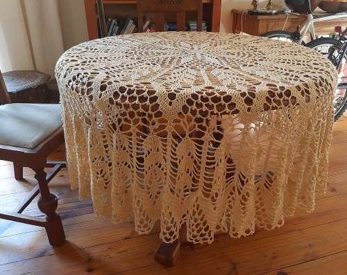 Round, beige/ apricot, crochet tablecloth - 190 cm diameter